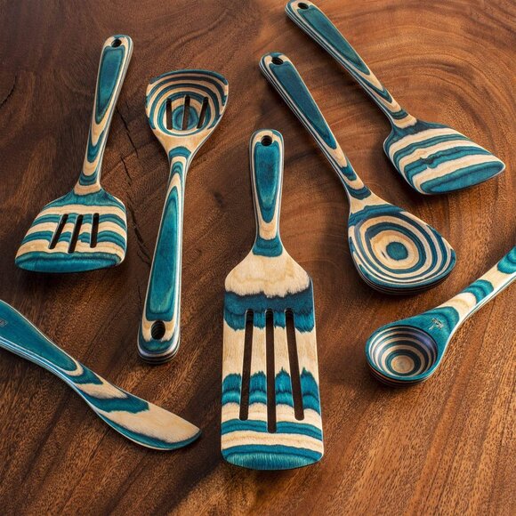 New BALTIQUE Mykonos Collection 7-Piece Utensil Set.  Tan / Blue Striped Spatula - Picture 2 of 8
